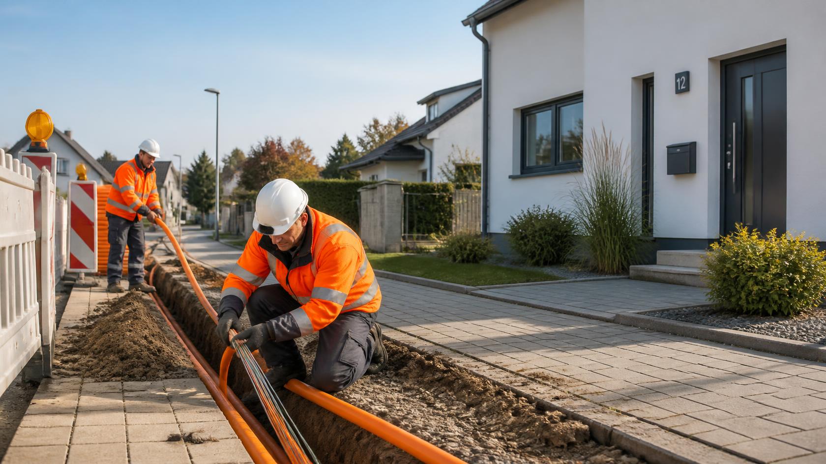 Realistisches, hochwertiges Pressefoto für einen kommunalen Homepage-Teaser zum geförderten Breitbandausbau_ Eine geordnete Straßenbaustelle in einem Wohngebiet, bei der gerade Glasfaser verlegt wird. Im g.jpg